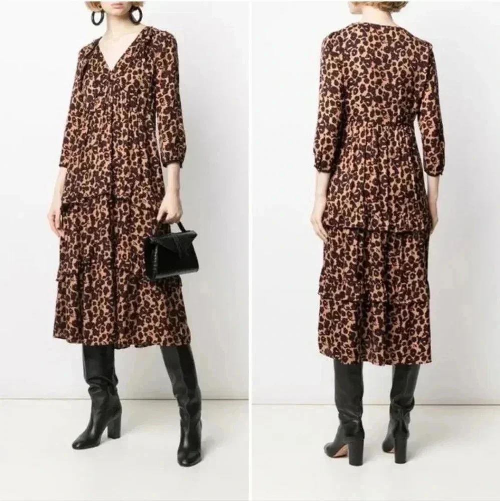 Ba&SH Tracy Animal Leopard Print Ruffle Tiered Midi Dress(XS)